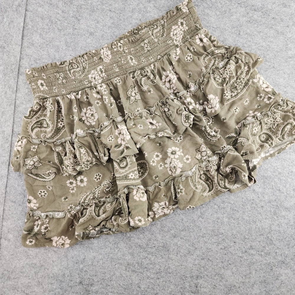 Aerie Green Paisley Floral Ruffle Tiered Smocked Mini Skirt Boho Womens Size M
